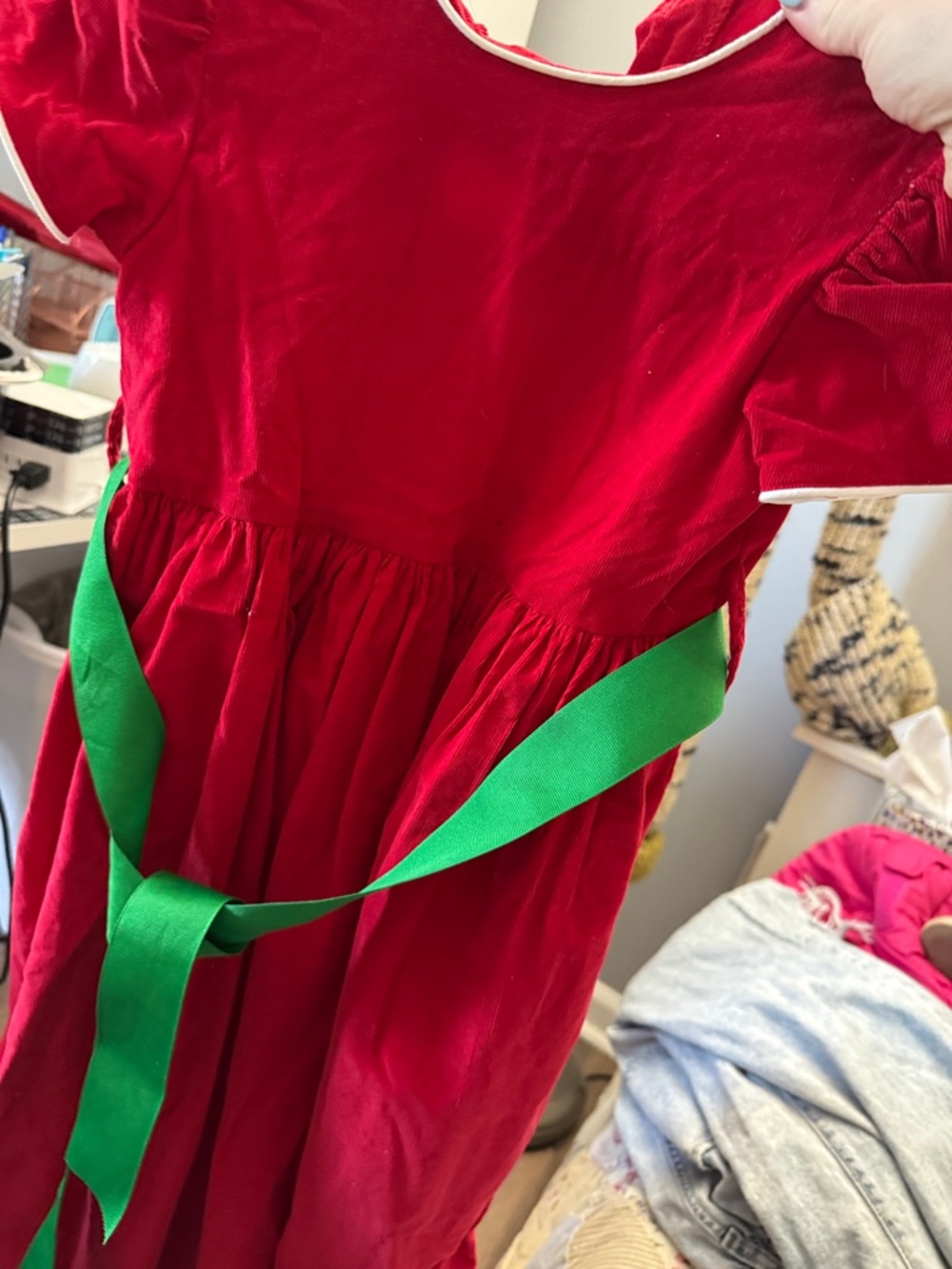 Classic Red Velvet Holiday Dress with Green Sash - Kids Costume